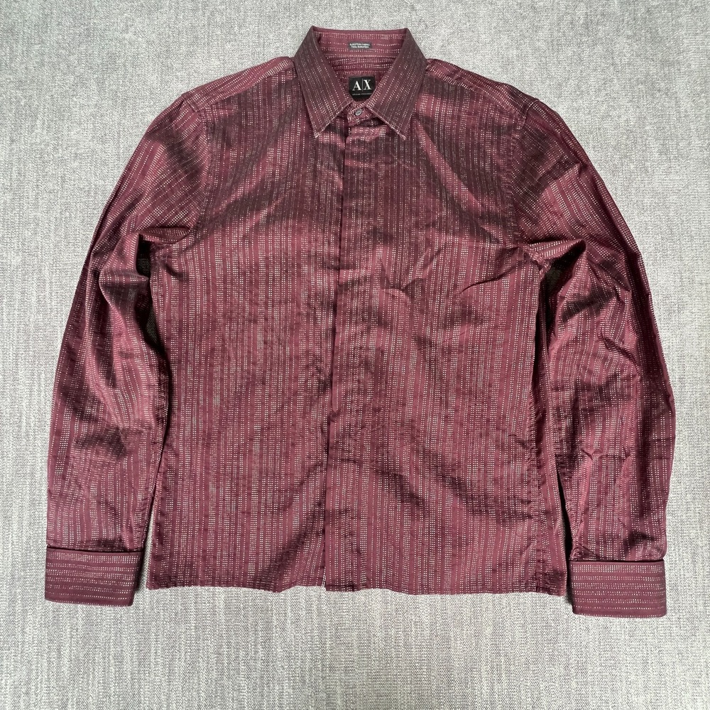 Armani Exchange Shirt Mens Large Maroon Striped Long Sleeve Collared Button Up